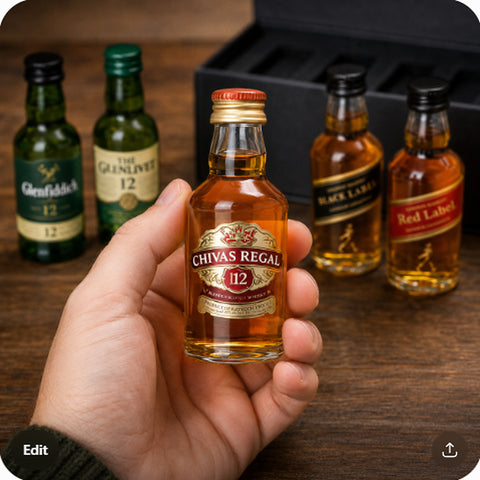 scotch sampler mini bottle (Chivas Regal 12) held in hand to show true 50ml size — scale shot