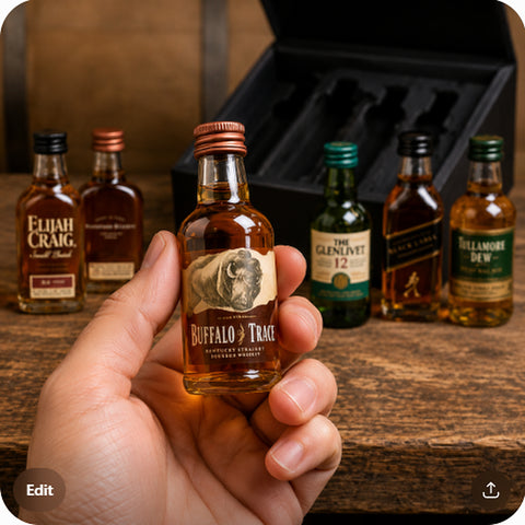 Hand holding a 50ml Buffalo Trace mini bottle from the Whiskey Sampler Set 8, showing true tasting-size scale