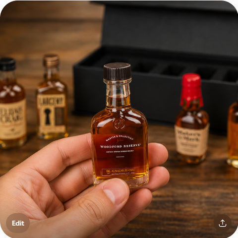 Hand holding a 50ml Woodford Reserve mini bottle from the Whiskey Sampler Set 10, showing true tasting-size scale