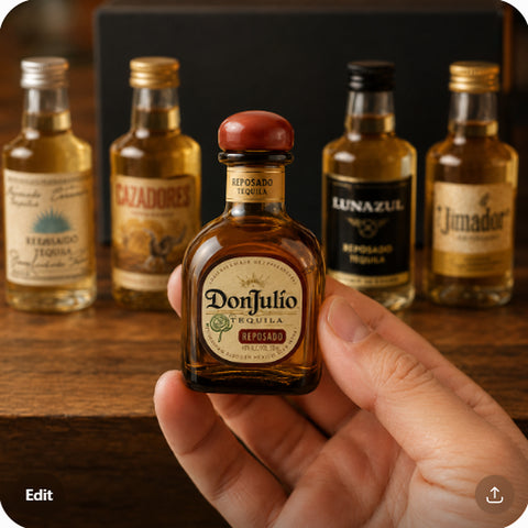 reposado tequila sampler mini bottle (Don Julio) held in hand to show true 50ml size — scale shot