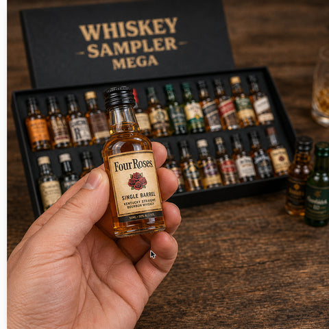 Whiskey sampler mini bottle in hand — 50ml Four Roses showing the small tasting size next to the Whiskey Sampler Mega gift box
