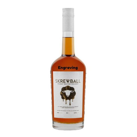 Front view of the Skrewball peanut butter whiskey bottle with gold accents.