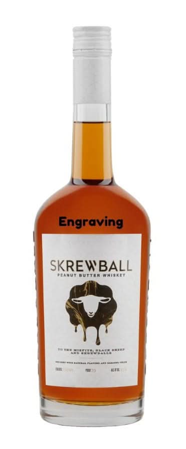 Front view of the Skrewball peanut butter whiskey bottle showcasing its label design.