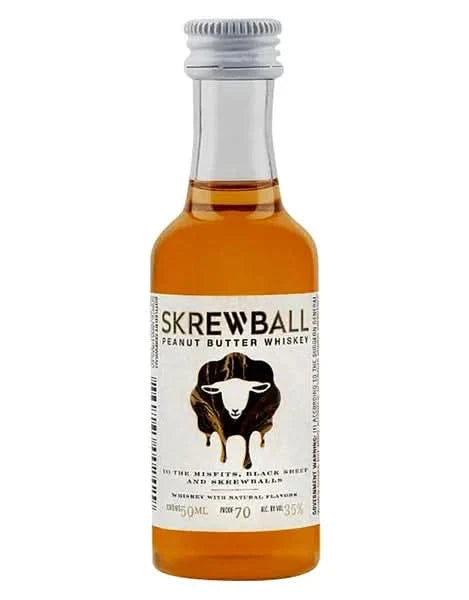 Front view of Skrewball Peanut Butter Whiskey in a small amber bottle with a label.