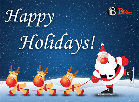 Holiday card featuring Santa Claus and reindeer in a snowy background