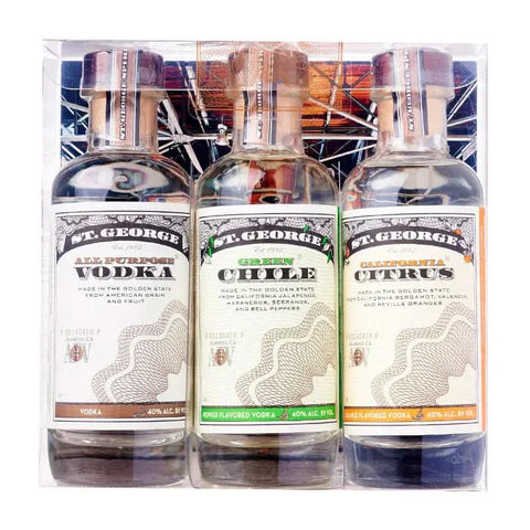 St George Vodka Variety Pack with three clear bottles on white background