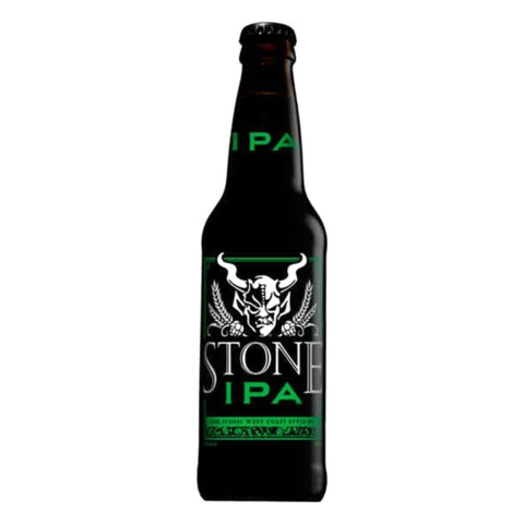 Front view of the green and black Stone IPA bottle with label design
