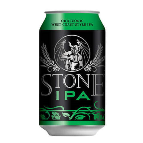 Front view of the Stone IPA can featuring green, black, and white colors.