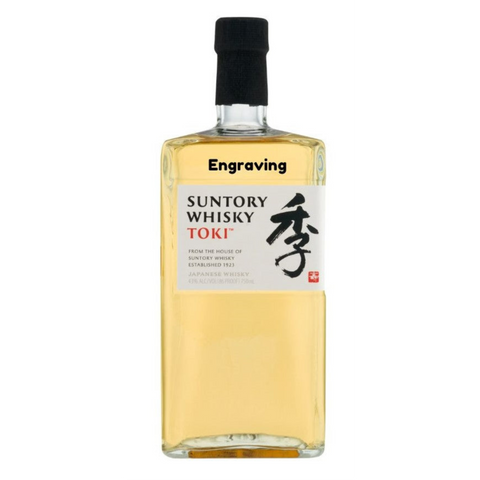 Front view of Suntory Toki whiskey bottle with engraved label and black cap.