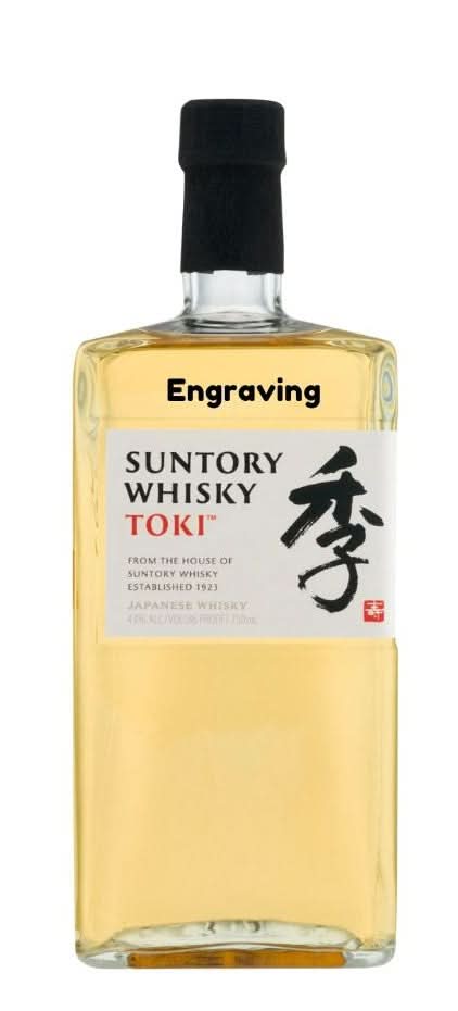 Front view of Suntory Toki Japanese Whiskey 750ml bottle with engraved label and black cap.