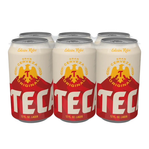 Front view of Tecate beer cans in red, white, and gold packaging