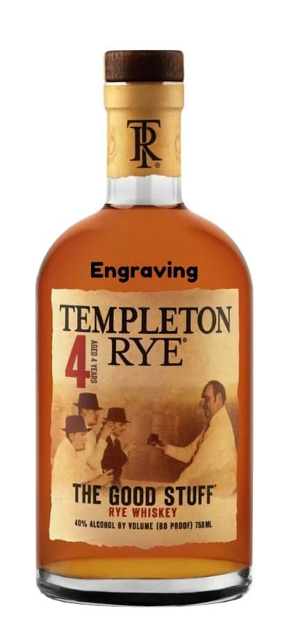 Front view of Templeton Rye whiskey showcasing label design and cork stopper.