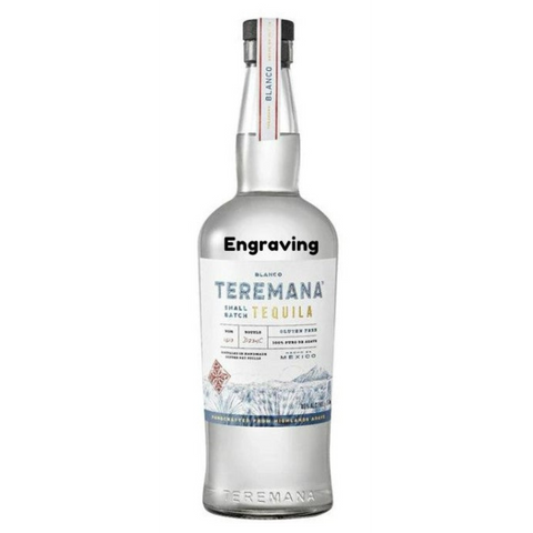 Front view of Teremana Blanco tequila bottle with engraved label and clear color.
