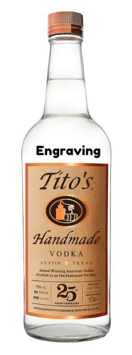Front view of Tito's Handmade Vodka bottle with engraved label and wooden cap