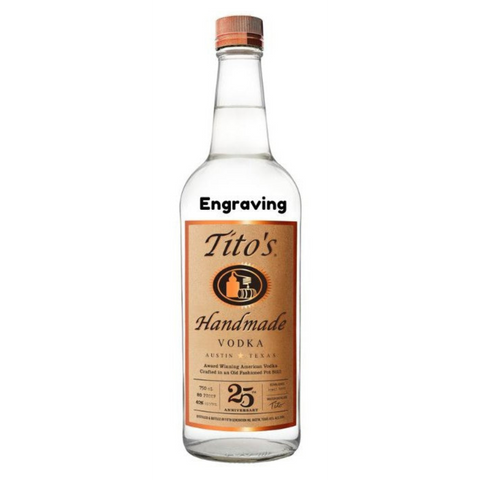 Front view of Tito's Vodka bottle with engraved label and wooden cap
