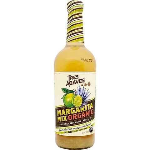 Front view of Tres Agaves Margarita Mix bottle with yellow and purple label