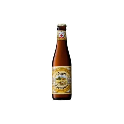 Front view of the brown glass bottle with a label design