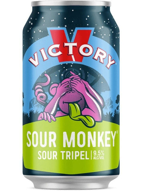 Victory Brewing Sour Monkey beer can with colorful graphic design, front view