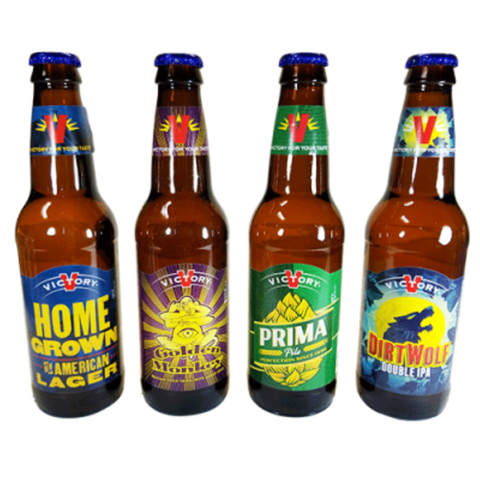 Front view of the Victory Brewing Variety 4-Pack with colorful labels on glass bottles.