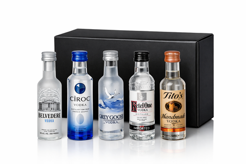 Vodka sampler pack in a sleek black box with five vodka bottles