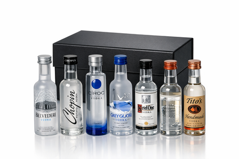 Vodka sampler pack in a sleek black box with various vodka bottles