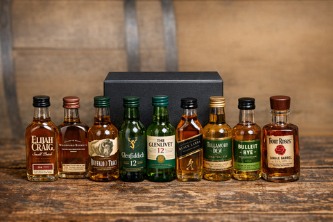 Whiskey sampler set in elegant black gift box with whiskey bottles