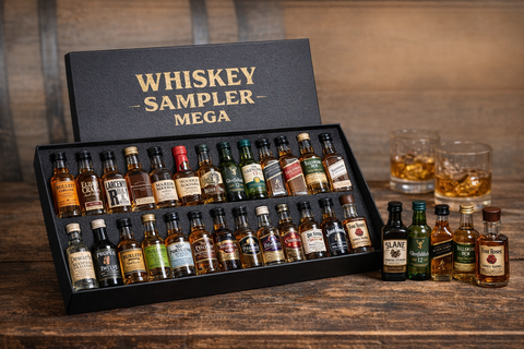 Whiskey sampler set in a sleek black gift box with various whiskey bottles