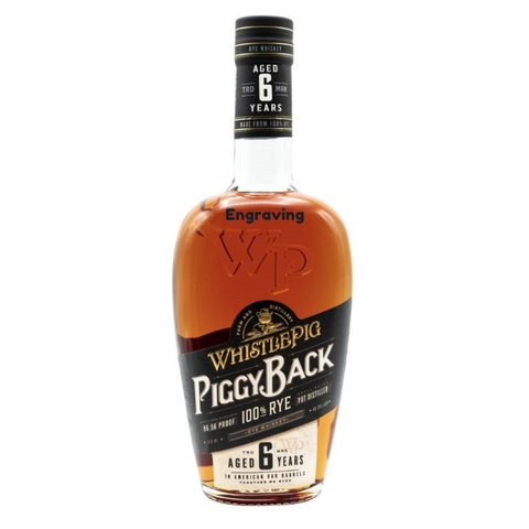 Front view of Whistlepig Piggyback Rye with engraved label and curved bottle shape.
