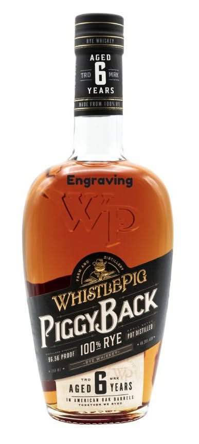 Front view of Whistlepig Piggyback Rye showcasing the label design and curved bottle shape.