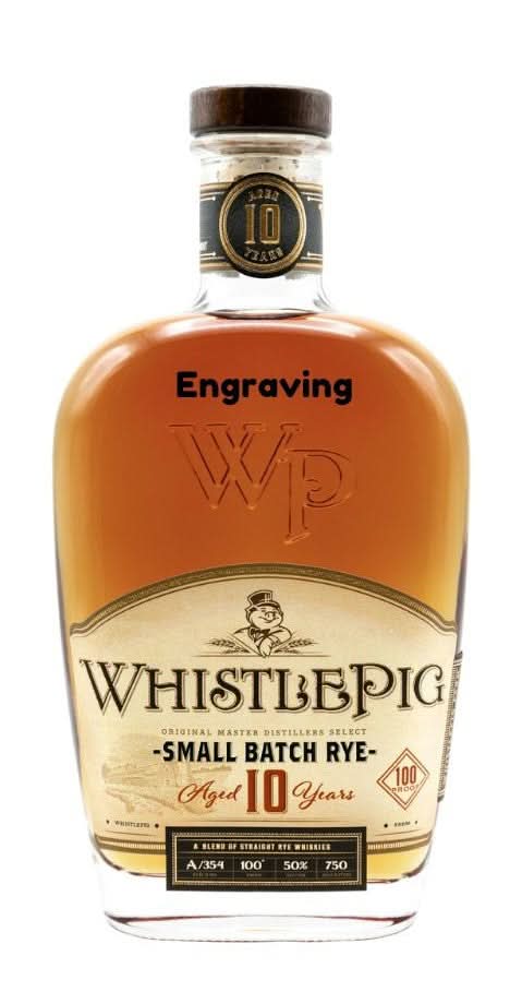 Front view of WhistlePig Straight Rye Whiskey 10Yr 750ml with engraved label.