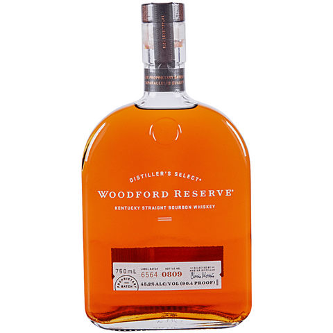 Woodford Reserve bourbon with engraved label and curved bottle shape, front view.