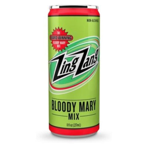 Front view of the green and red Zing Zang Bloody Mary mix can with logo and nutrition facts